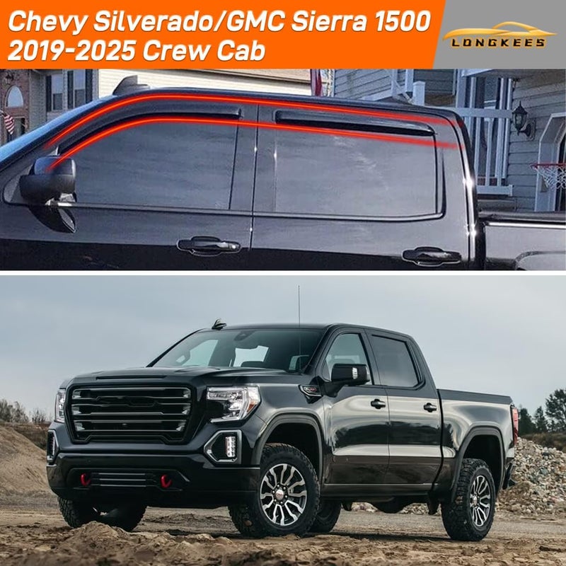 LONGKEES in-Channel Window Visors Rain Guards FIT Chevy Silverado/GMC Sierra 1500 2019-2025 Crew Cab (2019-2025) – 4-Piece in-Channel Dark-Smoke Polycarbonate Vent Deflectors - Image 2
